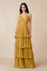 Tiered Pleated V - Neck A - Line Chiffon Bridesmaid Dress in Marigold - KissProm Bridesmaid Dresses