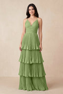 Tiered Pleated V - Neck A - Line Chiffon Bridesmaid Dress in Matcha - KissProm Bridesmaid Dresses