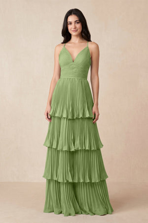 Tiered Pleated V - Neck A - Line Chiffon Bridesmaid Dress in Matcha - KissProm Bridesmaid Dresses
