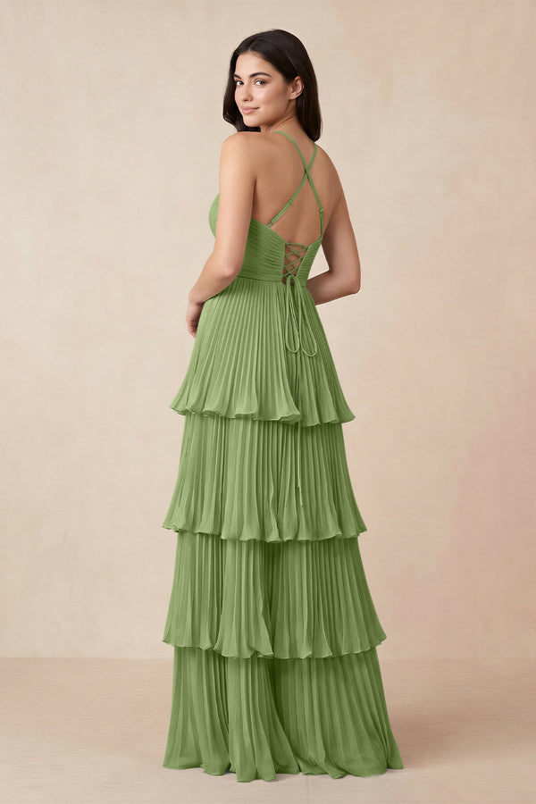 Tiered Pleated V - Neck A - Line Chiffon Bridesmaid Dress in Matcha - KissProm Bridesmaid Dresses