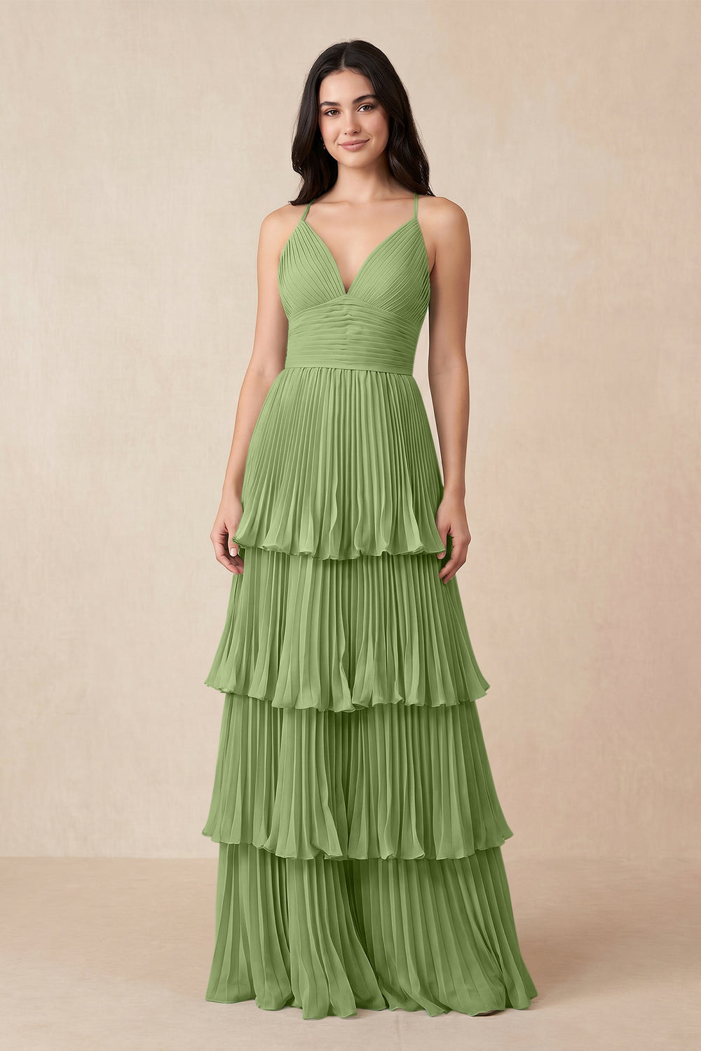 Tiered Pleated V - Neck A - Line Chiffon Bridesmaid Dress in Matcha - KissProm Bridesmaid Dresses