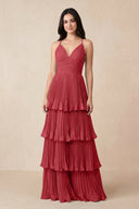 Tiered Pleated V - Neck A - Line Chiffon Bridesmaid Dress in Merlot - KissProm Bridesmaid Dresses