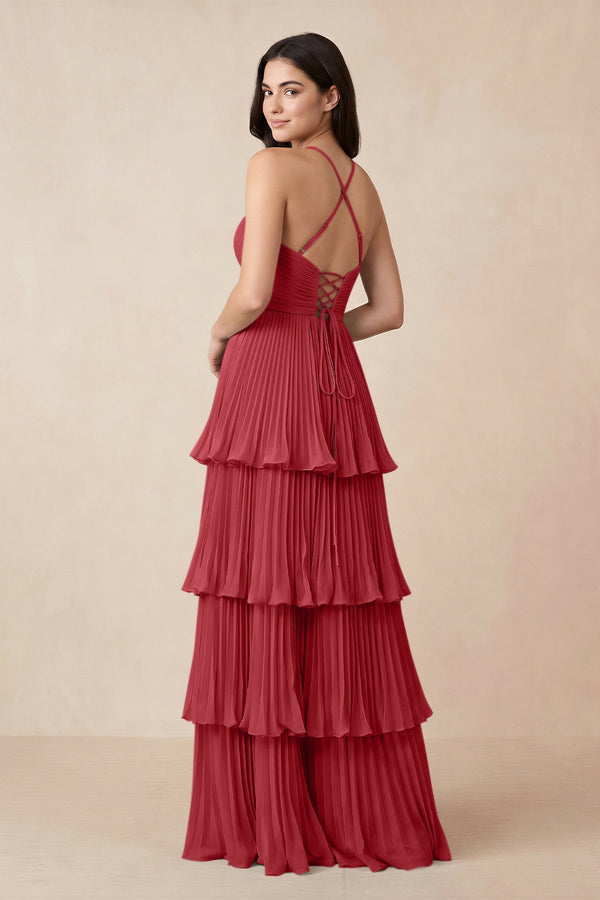 Tiered Pleated V - Neck A - Line Chiffon Bridesmaid Dress in Merlot - KissProm Bridesmaid Dresses