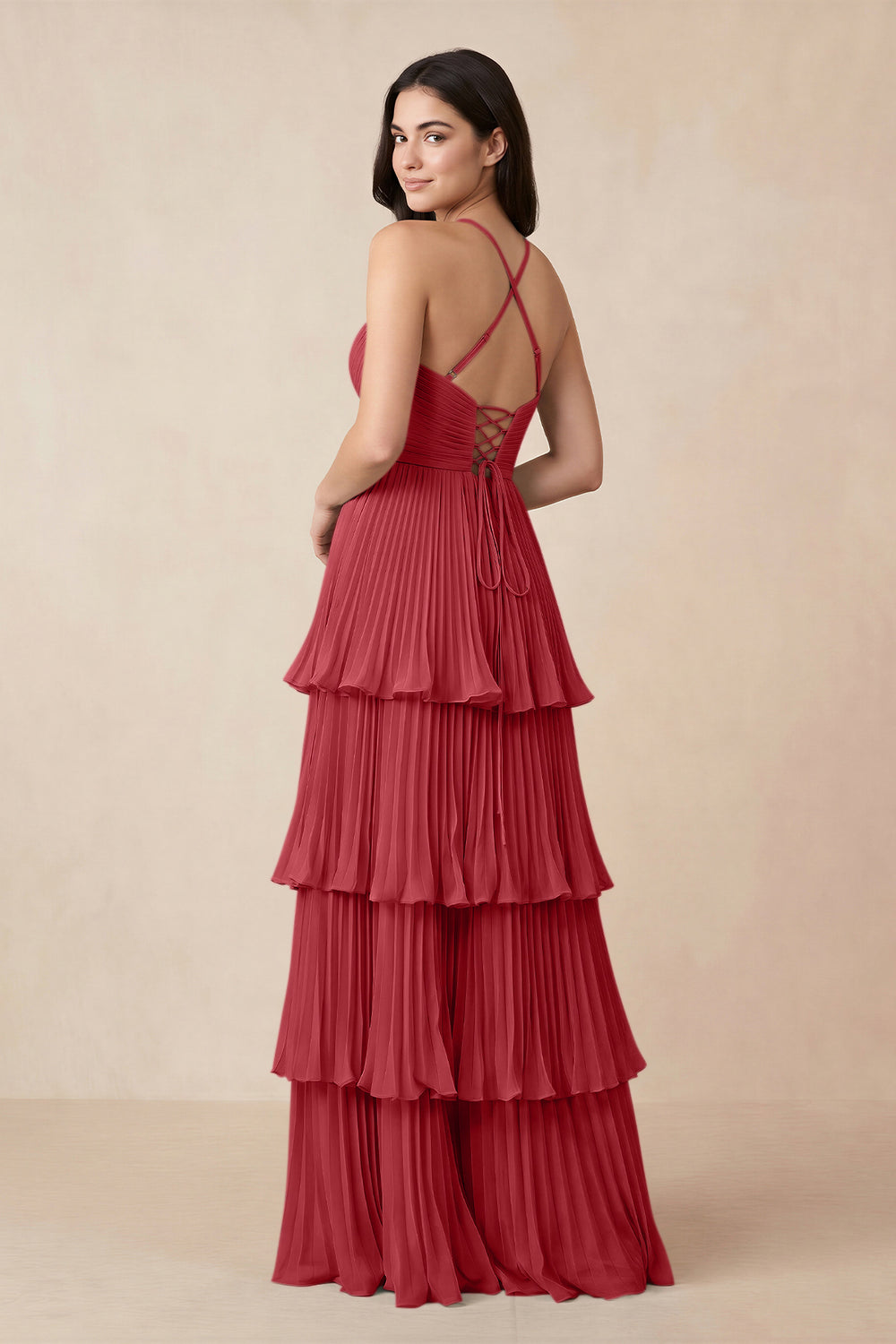 Tiered Pleated V - Neck A - Line Chiffon Bridesmaid Dress in Merlot - KissProm Bridesmaid Dresses