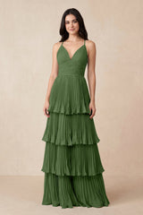 Tiered Pleated V - Neck A - Line Chiffon Bridesmaid Dress in Moss - KissProm Bridesmaid Dresses