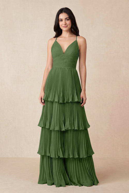 Tiered Pleated V - Neck A - Line Chiffon Bridesmaid Dress in Moss - KissProm Bridesmaid Dresses