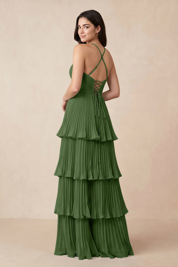 Tiered Pleated V - Neck A - Line Chiffon Bridesmaid Dress in Moss - KissProm Bridesmaid Dresses