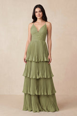Tiered Pleated V-Neck A-Line Chiffon Bridesmaid Dress in Moss Green - KissProm Bridesmaid Dresses