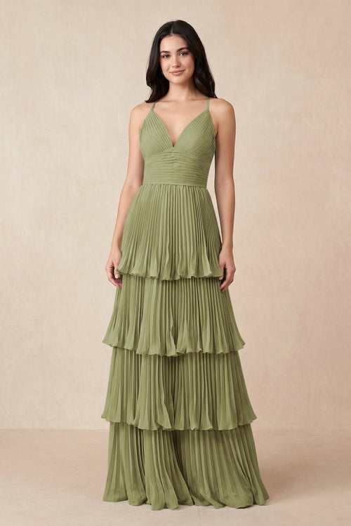 Tiered Pleated V-Neck A-Line Chiffon Bridesmaid Dress in Moss Green - KissProm Bridesmaid Dresses