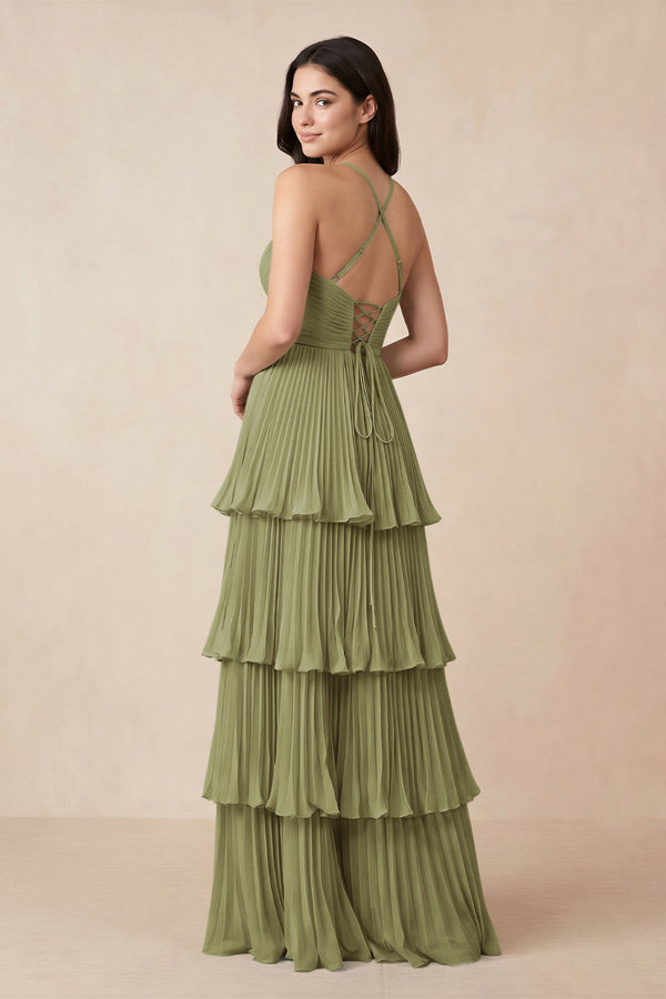 Tiered Pleated V-Neck A-Line Chiffon Bridesmaid Dress in Moss Green - KissProm Bridesmaid Dresses