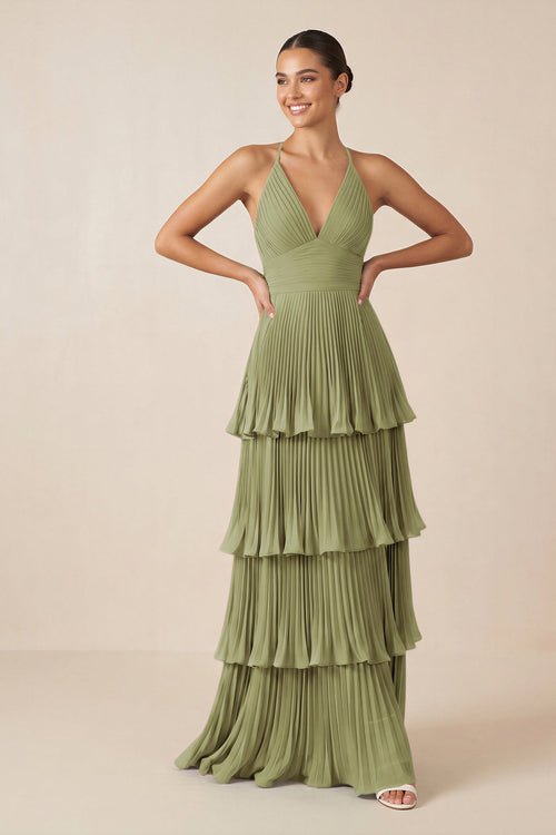 KissProm | V-Neck Bridesmaid dress with Tiered Pleats in Moss Green KissProm | V-Neck Bridesmaid dress with Tiered Pleats in Moss Green