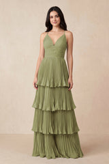 Tiered Pleated V-Neck A-Line Chiffon Bridesmaid Dress in Moss Green - KissProm Bridesmaid Dresses