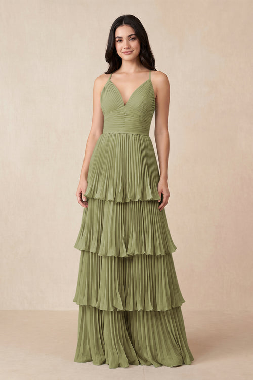 Tiered Pleated V-Neck A-Line Chiffon Bridesmaid Dress in Moss Green - KissProm Bridesmaid Dresses