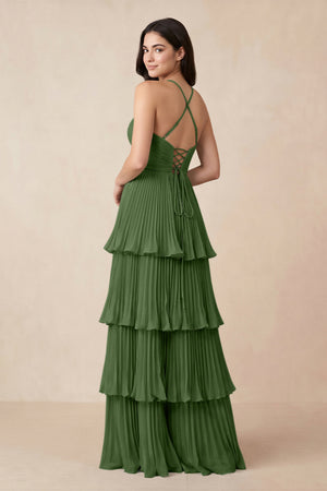 Tiered Pleated V - Neck A - Line Chiffon Bridesmaid Dress in Moss - KissProm Bridesmaid Dresses