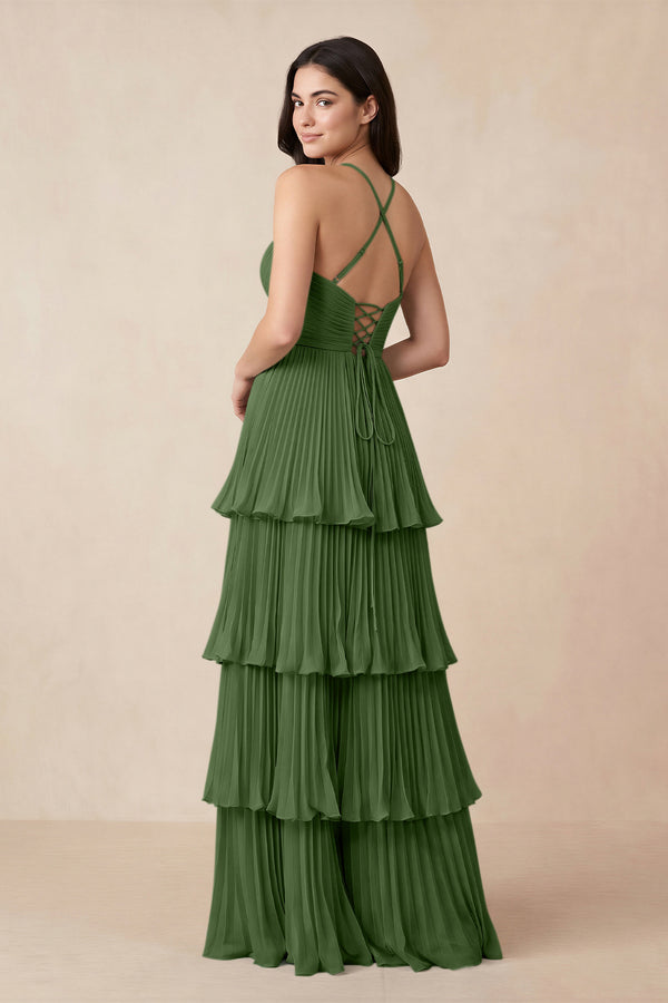 Tiered Pleated V - Neck A - Line Chiffon Bridesmaid Dress in Moss - KissProm Bridesmaid Dresses