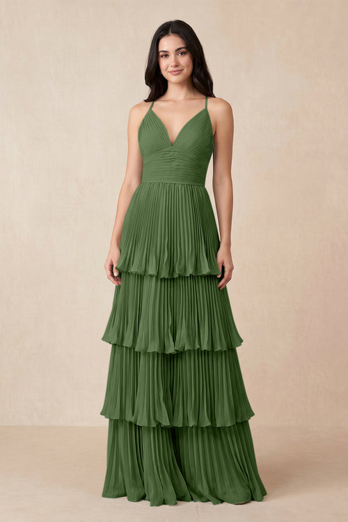 Tiered Pleated V - Neck A - Line Chiffon Bridesmaid Dress in Moss - KissProm Bridesmaid Dresses