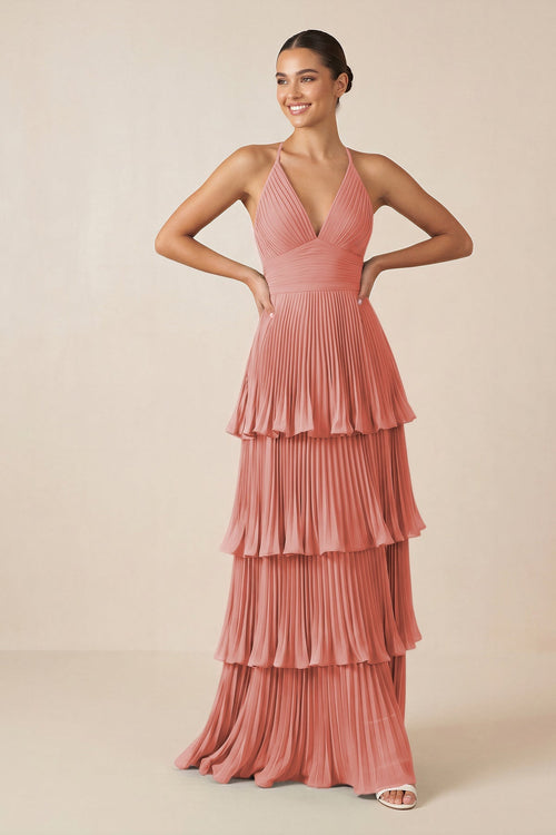 Tiered Pleated V-Neck A-Line Chiffon Bridesmaid Dress in Mulberry Tiered Pleated V-Neck A-Line Chiffon Bridesmaid Dress in Mulberry