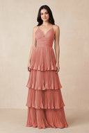 Tiered Pleated V - Neck A - Line Chiffon Bridesmaid Dress in Mulberry - KissProm Bridesmaid Dresses