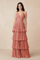 Tiered Pleated V - Neck A - Line Chiffon Bridesmaid Dress in Mulberry - KissProm Bridesmaid Dresses
