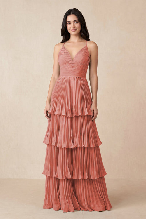 Tiered Pleated V - Neck A - Line Chiffon Bridesmaid Dress in Mulberry - KissProm Bridesmaid Dresses