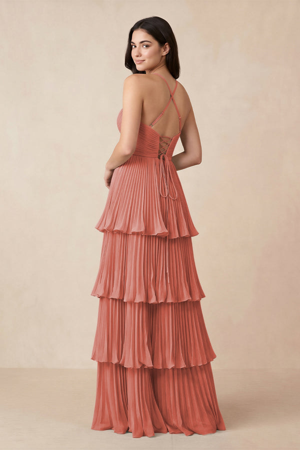 Tiered Pleated V - Neck A - Line Chiffon Bridesmaid Dress in Mulberry - KissProm Bridesmaid Dresses