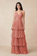 Tiered Pleated V - Neck A - Line Chiffon Bridesmaid Dress in Mulberry - KissProm Bridesmaid Dresses