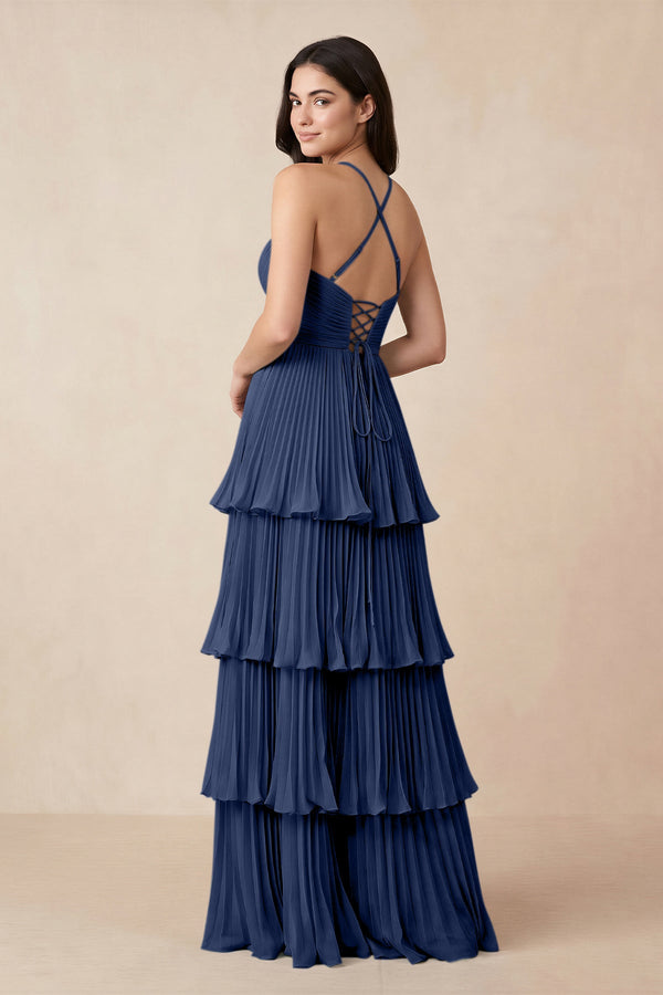 Tiered Pleated V - Neck A - Line Chiffon Bridesmaid Dress in Navy - KissProm Bridesmaid Dresses