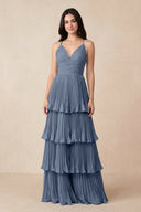 Tiered Pleated V - Neck A - Line Chiffon Bridesmaid Dress in Neptune - KissProm Bridesmaid Dresses