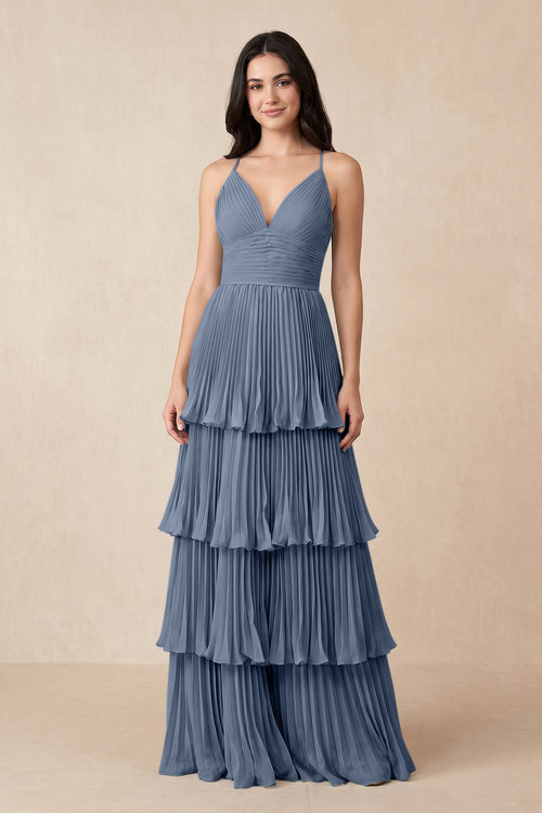 Tiered Pleated V - Neck A - Line Chiffon Bridesmaid Dress in Neptune - KissProm Bridesmaid Dresses