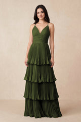 Tiered Pleated V - Neck A - Line Chiffon Bridesmaid Dress in Olive - KissProm Bridesmaid Dresses