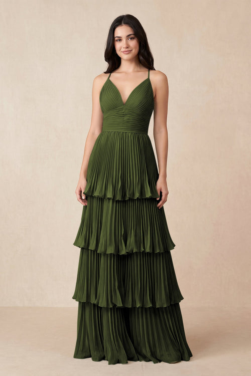 Tiered Pleated V - Neck A - Line Chiffon Bridesmaid Dress in Olive - KissProm Bridesmaid Dresses
