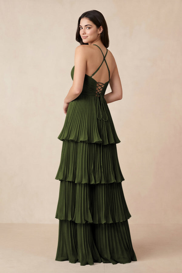 Tiered Pleated V - Neck A - Line Chiffon Bridesmaid Dress in Olive - KissProm Bridesmaid Dresses