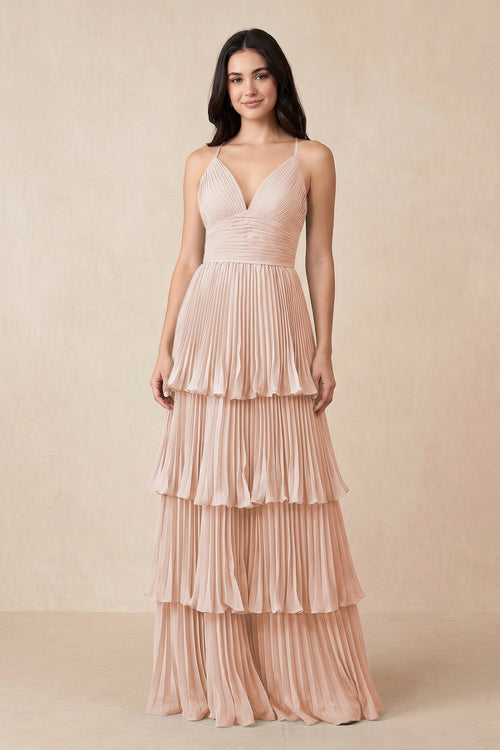 Tiered Pleated V - Neck A - Line Chiffon Bridesmaid Dress in Pale Blush - KissProm Bridesmaid Dresses