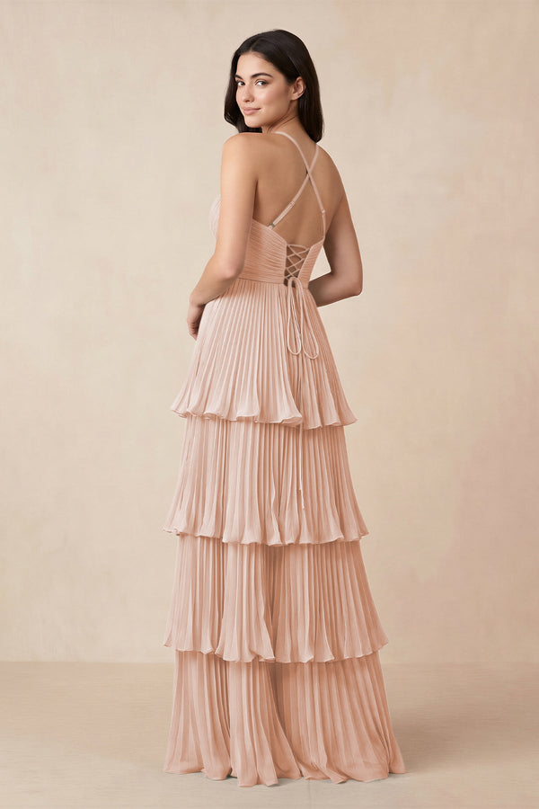 Tiered Pleated V - Neck A - Line Chiffon Bridesmaid Dress in Pale Blush - KissProm Bridesmaid Dresses