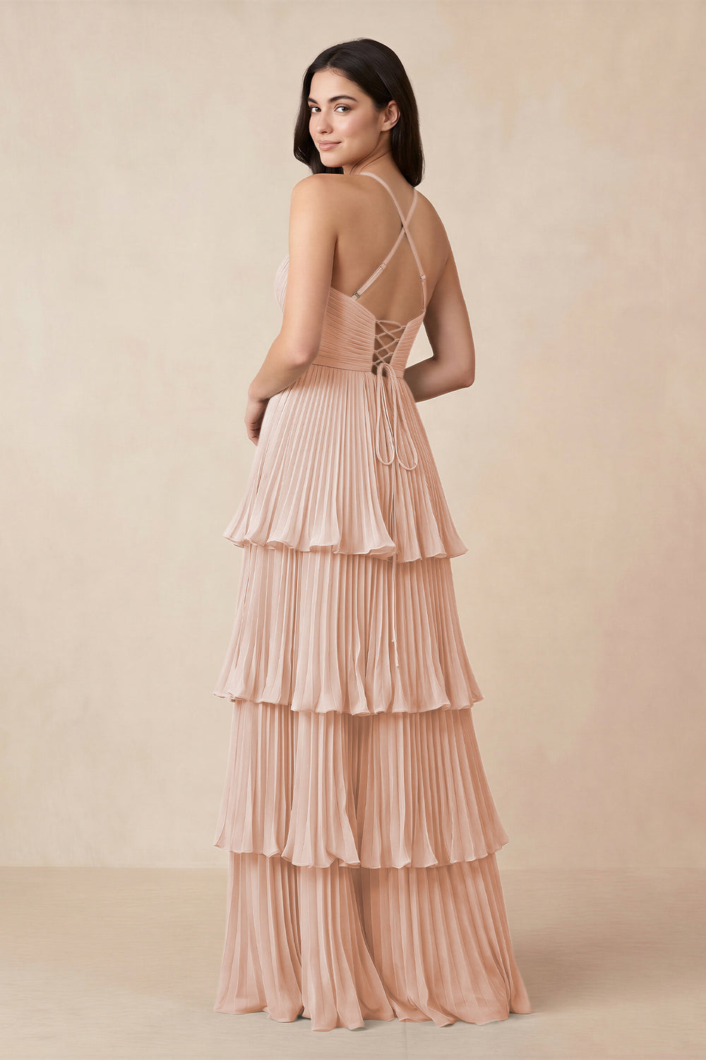 Tiered Pleated V - Neck A - Line Chiffon Bridesmaid Dress in Pale Blush - KissProm Bridesmaid Dresses