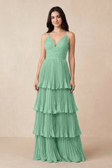 Tiered Pleated V - Neck A - Line Chiffon Bridesmaid Dress in Pale Pistachio - KissProm Bridesmaid Dresses