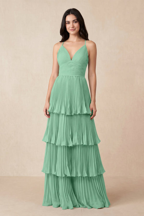 Tiered Pleated V - Neck A - Line Chiffon Bridesmaid Dress in Pale Pistachio - KissProm Bridesmaid Dresses