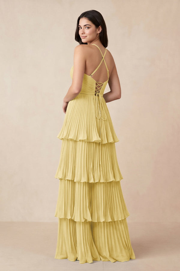 Tiered Pleated V - Neck A - Line Chiffon Bridesmaid Dress in Pastel Yellow - KissProm Bridesmaid Dresses