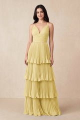 Tiered Pleated V - Neck A - Line Chiffon Bridesmaid Dress in Pastel Yellow - KissProm Bridesmaid Dresses