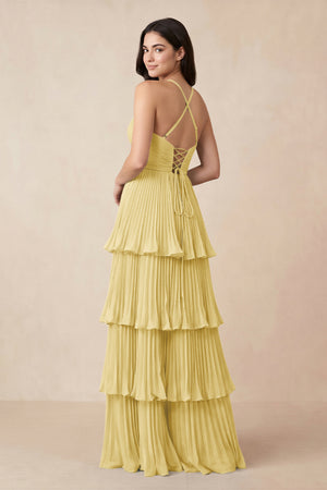 Tiered Pleated V - Neck A - Line Chiffon Bridesmaid Dress in Pastel Yellow - KissProm Bridesmaid Dresses