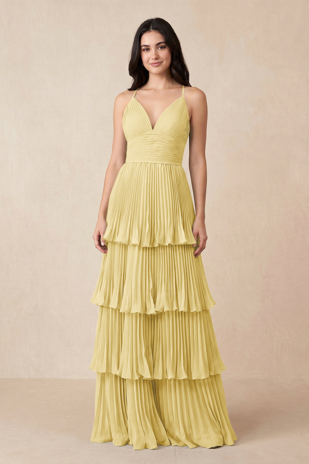 Tiered Pleated V - Neck A - Line Chiffon Bridesmaid Dress in Pastel Yellow - KissProm Bridesmaid Dresses