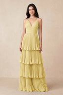 Tiered Pleated V - Neck A - Line Chiffon Bridesmaid Dress in Pastel Yellow - KissProm Bridesmaid Dresses