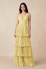 Tiered Pleated V - Neck A - Line Chiffon Bridesmaid Dress in Pastel Yellow - KissProm Bridesmaid Dresses
