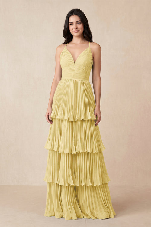 Tiered Pleated V - Neck A - Line Chiffon Bridesmaid Dress in Pastel Yellow - KissProm Bridesmaid Dresses