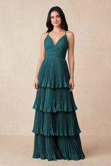 Tiered Pleated V - Neck A - Line Chiffon Bridesmaid Dress in Pine - KissProm Bridesmaid Dresses