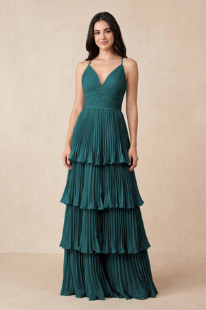 Tiered Pleated V - Neck A - Line Chiffon Bridesmaid Dress in Pine - KissProm Bridesmaid Dresses