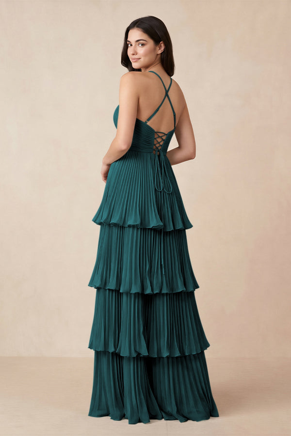 Tiered Pleated V - Neck A - Line Chiffon Bridesmaid Dress in Pine - KissProm Bridesmaid Dresses