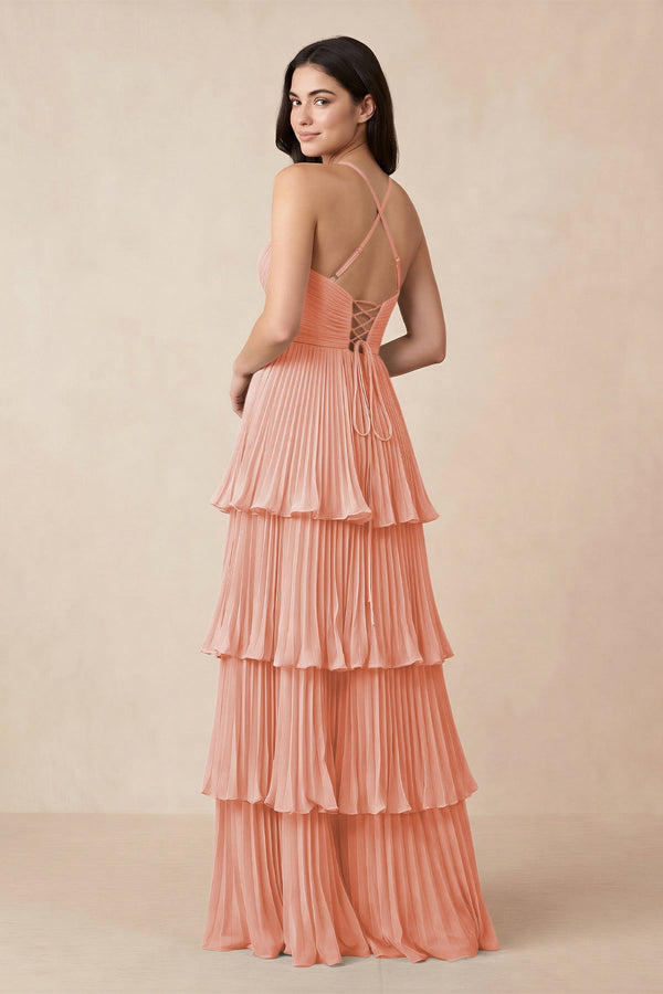 Tiered Pleated V - Neck A - Line Chiffon Bridesmaid Dress in Rose Petal - KissProm Bridesmaid Dresses