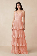 Tiered Pleated V - Neck A - Line Chiffon Bridesmaid Dress in Rose Petal - KissProm Bridesmaid Dresses
