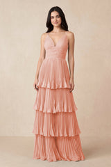 Tiered Pleated V - Neck A - Line Chiffon Bridesmaid Dress in Rose Petal - KissProm Bridesmaid Dresses